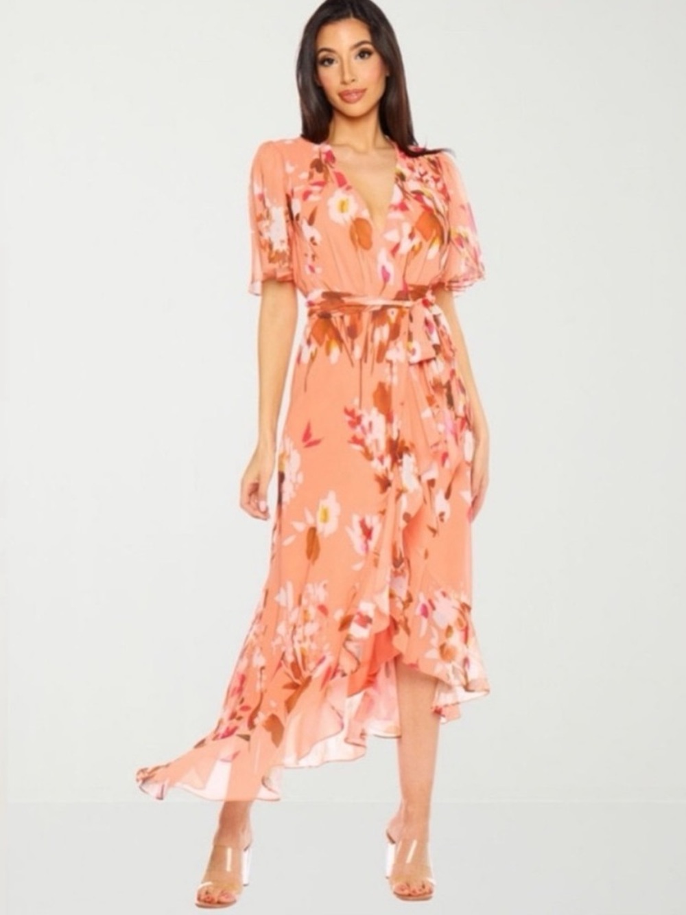 Premier Amour 2 Orange Floral V-Neck Asymmetrical Ruffle Hem Cottagecore Dress